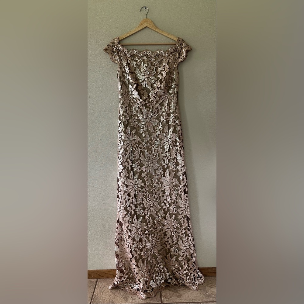 Tadashi Shoji Gold Lace Evening Gown - Picture 4 of 16